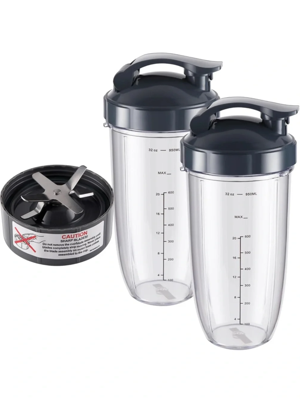 Set of 2 Clear Protein Shaker Bottles with Dark Gray Lids w/NutriBullet blade